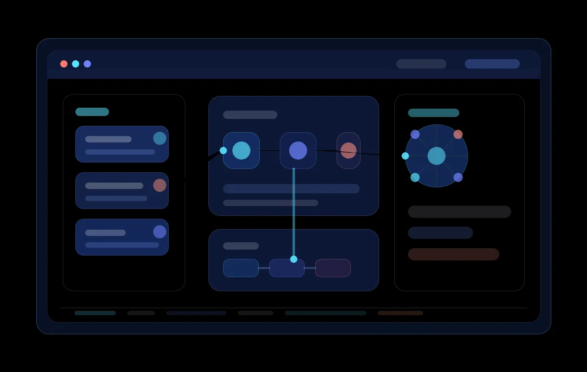 Abstract Salesforce Agentforce workflow console with connected records, data panels, automation paths, and package tiles