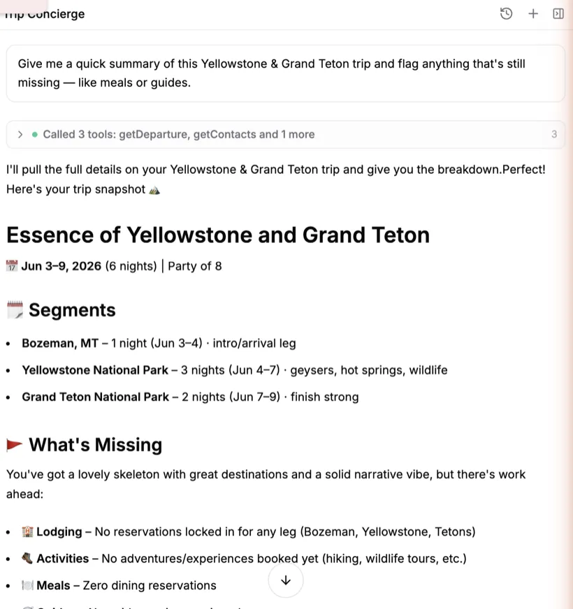 Meera answering a status-check question: she shows she called getDeparture and getContacts, then renders a snapshot of the Essence of Yellowstone and Grand Teton trip (Jun 3–9, 6 nights, party of 8, three segments) and a What's Missing list.